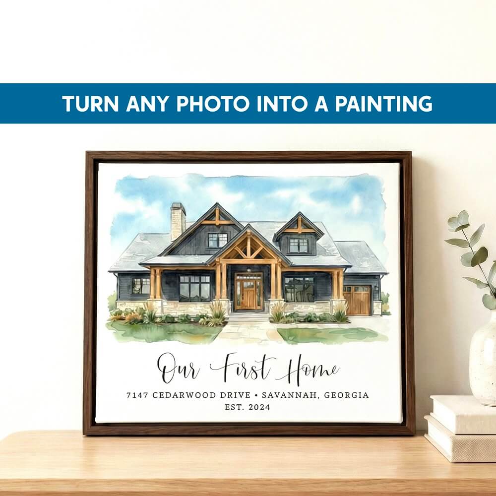 Custom House Painting from a Photo, Realtor Real Estate Closing Gifts for New Home Buyers Clients, watercolor house portrait framed on wall in modern home decor.