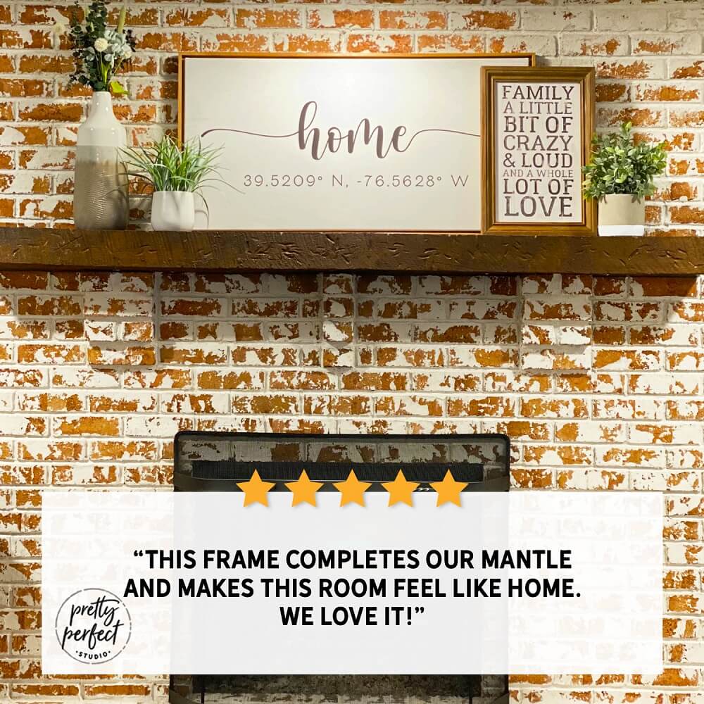 Rustic brick mantel with home decor wall art featuring "home" and family quote signs, farmhouse style living room decoration