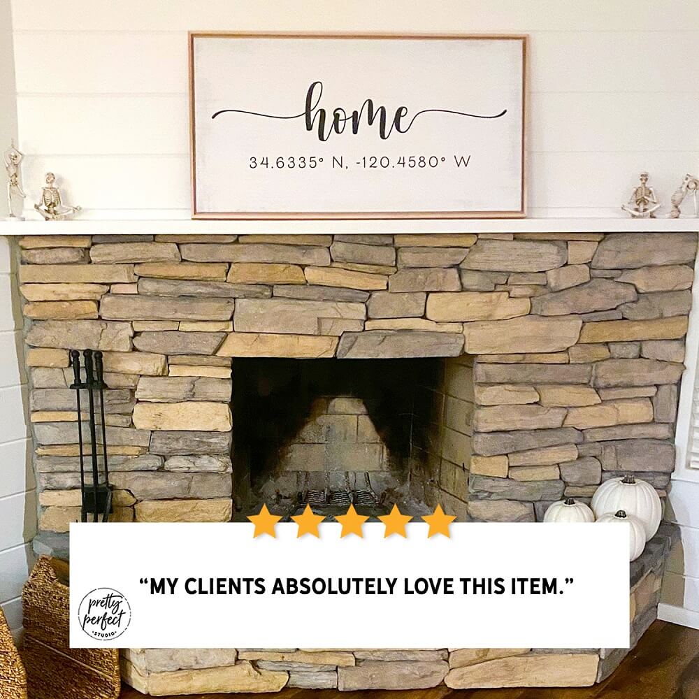 Rustic stone fireplace with farmhouse home sign wall decor, cozy living room interior, mantel decoration, modern farmhouse style