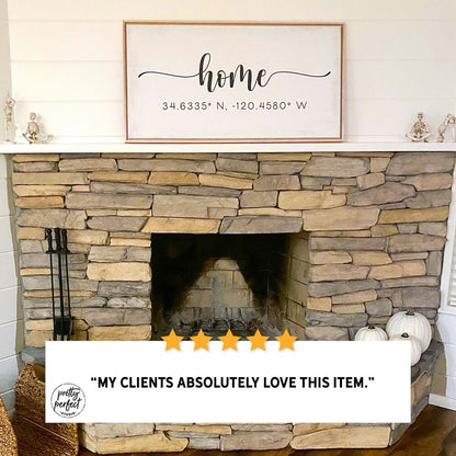 Rustic stone fireplace with farmhouse home sign wall decor, cozy living room interior, mantel decoration, modern farmhouse style