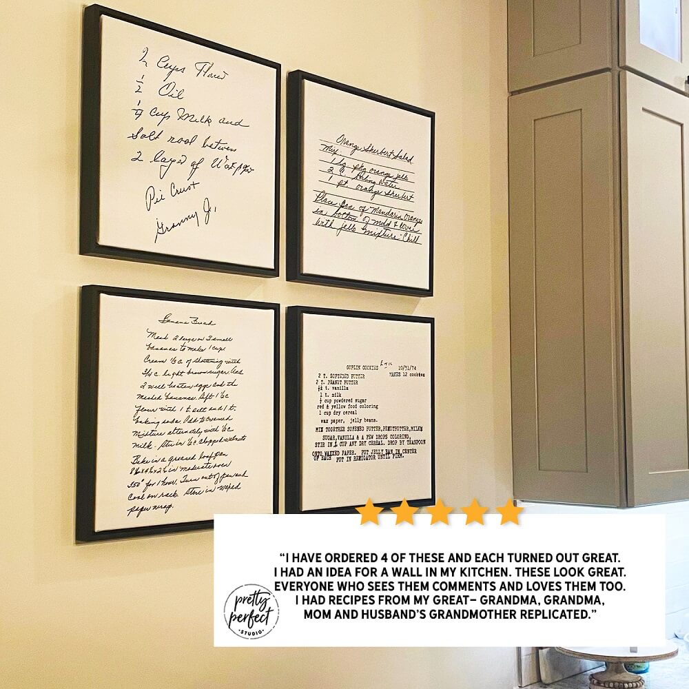 Four framed recipe prints on a wall with a five-star rating and review text - Pretty Perfect Studio