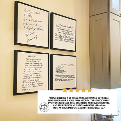 Four framed recipe prints on a wall with a five-star rating and review text - Pretty Perfect Studio