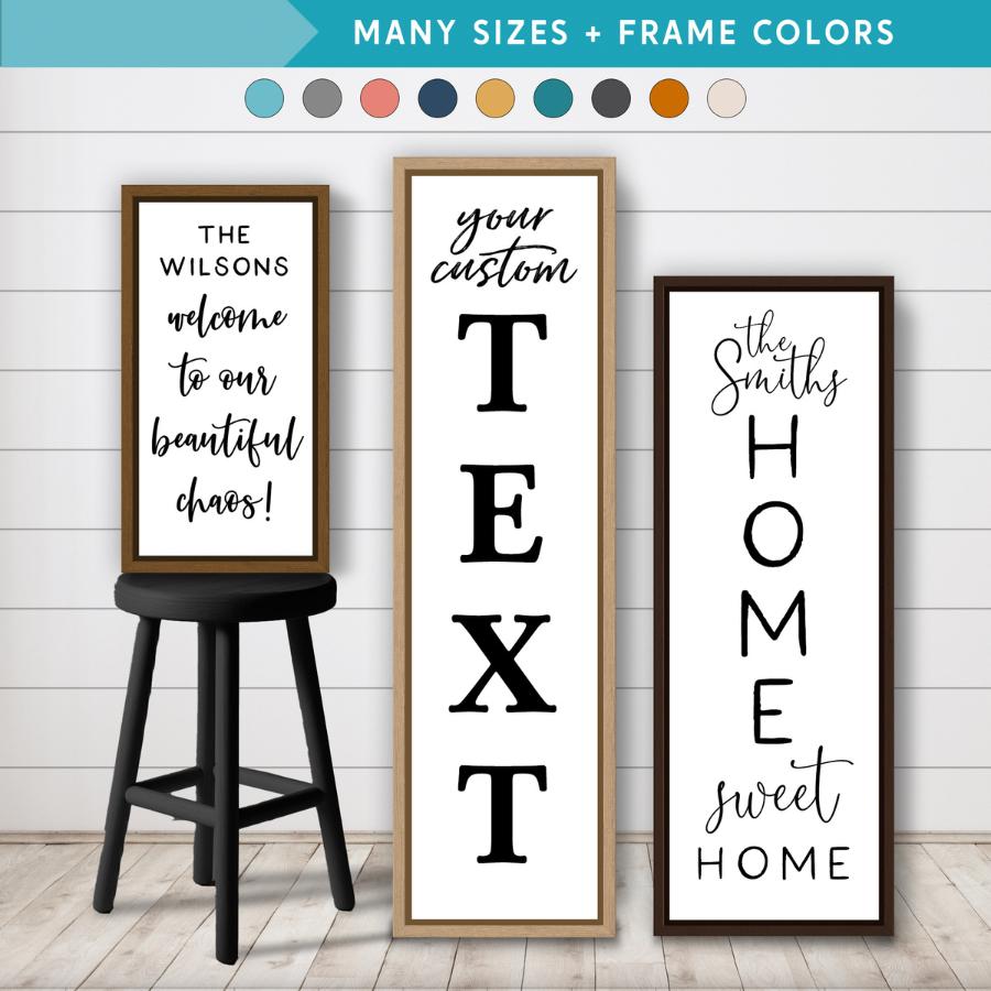 vertical canvas wall art set showing personalized family name signs and custom text designs in multiple frame colors for home decor and entryway styling