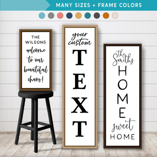 vertical canvas wall art set showing personalized family name signs and custom text designs in multiple frame colors for home decor and entryway styling
