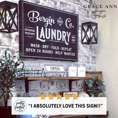 Vintage farmhouse laundry room sign “Bergin & Co. Laundry” with wash dry fold repeat text, rustic wall decor for modern farmhouse home