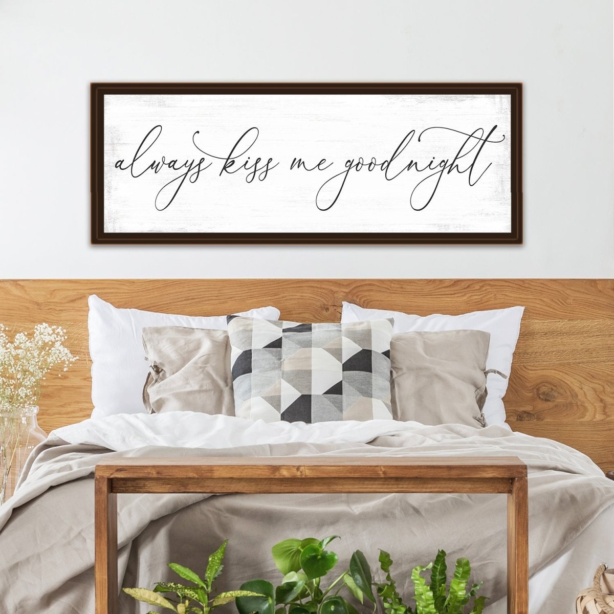 Always Kiss Me Goodnight Canvas Sign Above Bed - Pretty Perfect Studio
