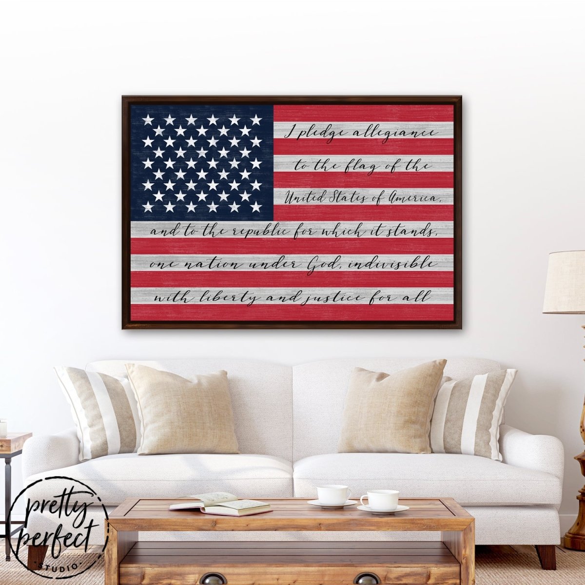 American Flag with Pledge of Allegiance Sign Above Couch - Pretty Perfect Studio