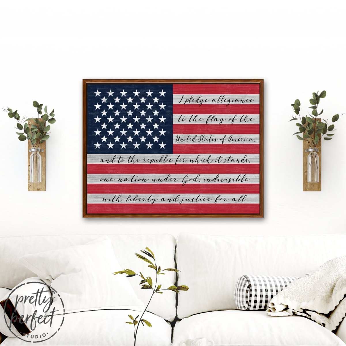 American Flag with Pledge of Allegiance Sign Above Couch - Pretty Perfect Studio
