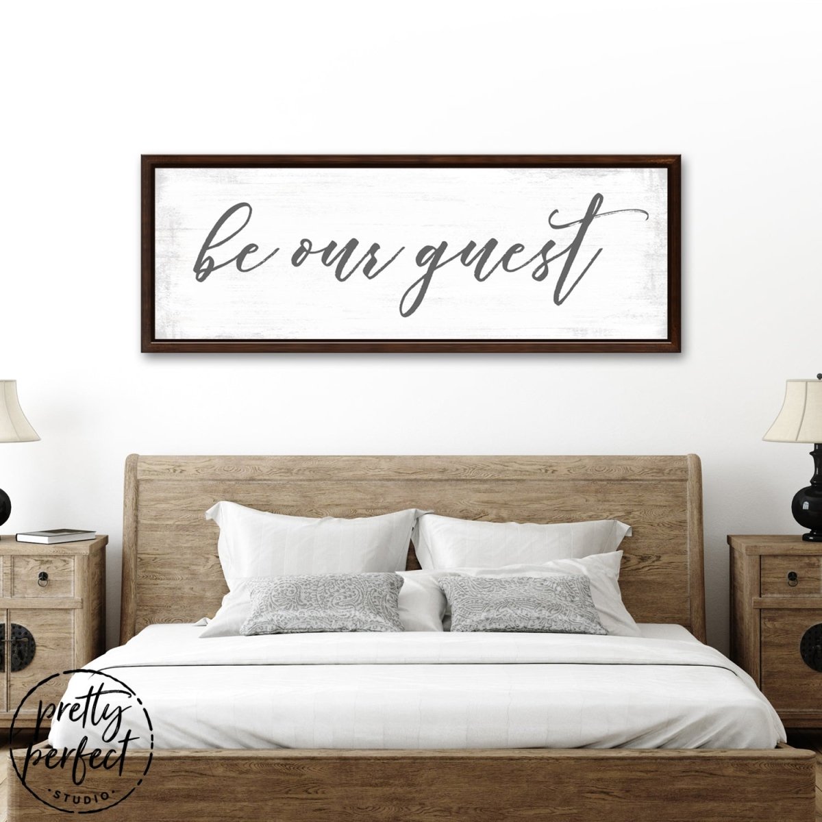 Be Our Guest Sign Large Modern Farmhouse Sign Above Guest Bed - Pretty Perfect Studio 