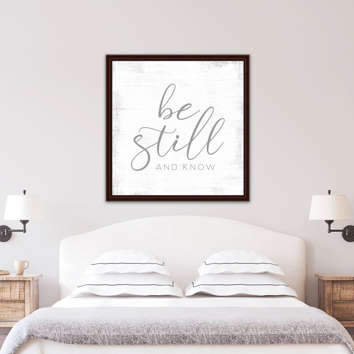 Be Still And Know Christian Wall Art Above Bed in Bedroom - Pretty Perfect Studio
