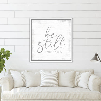 Be Still And Know Christian Wall Art Above Couch in Living Room - Pretty Perfect Studio