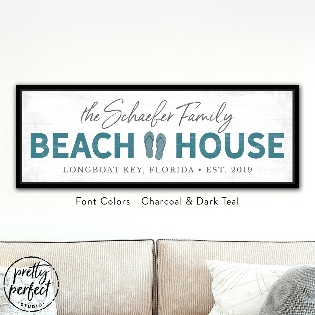 personalized beach house sign with family name, custom coastal wall decor with flip flops design, teal and charcoal beach house wall art in black frame, custom seaside family name sign with location and date