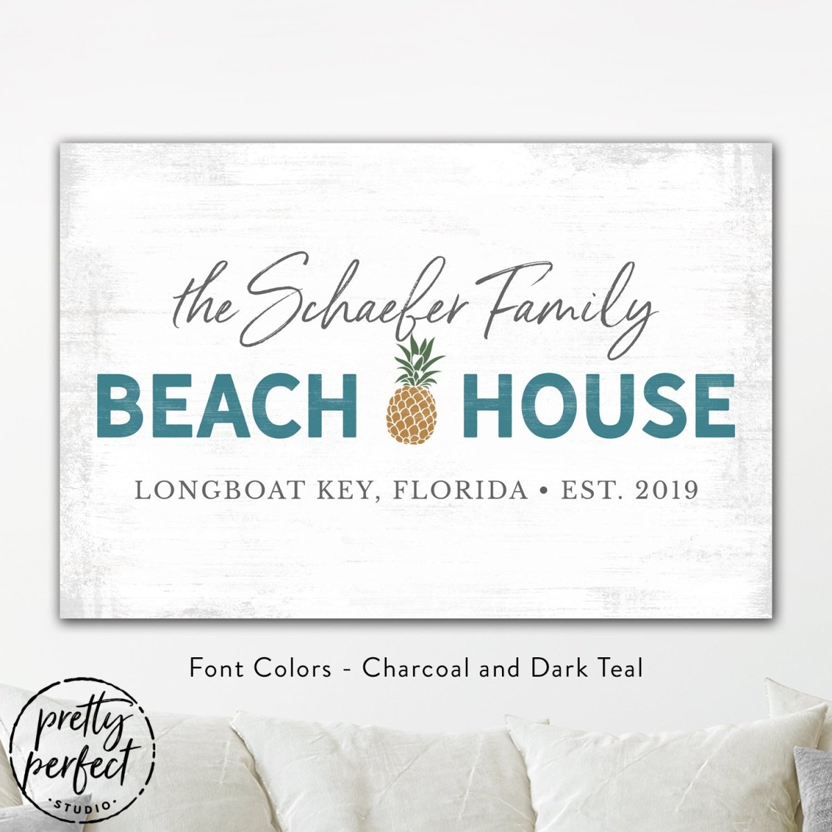 custom beach house sign with family name, personalized coastal wall art with pineapple design,  teal and charcoal beach house canvas sign, custom seaside house name sign with location and date
