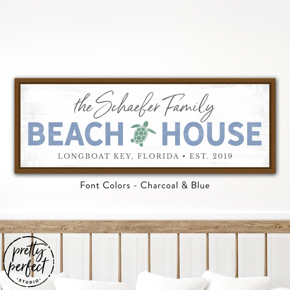 personalized beach house sign with family name, custom coastal wall decor with sea turtle design, blue and charcoal beach house wall art in light wood frame, custom seaside family name sign with location and date