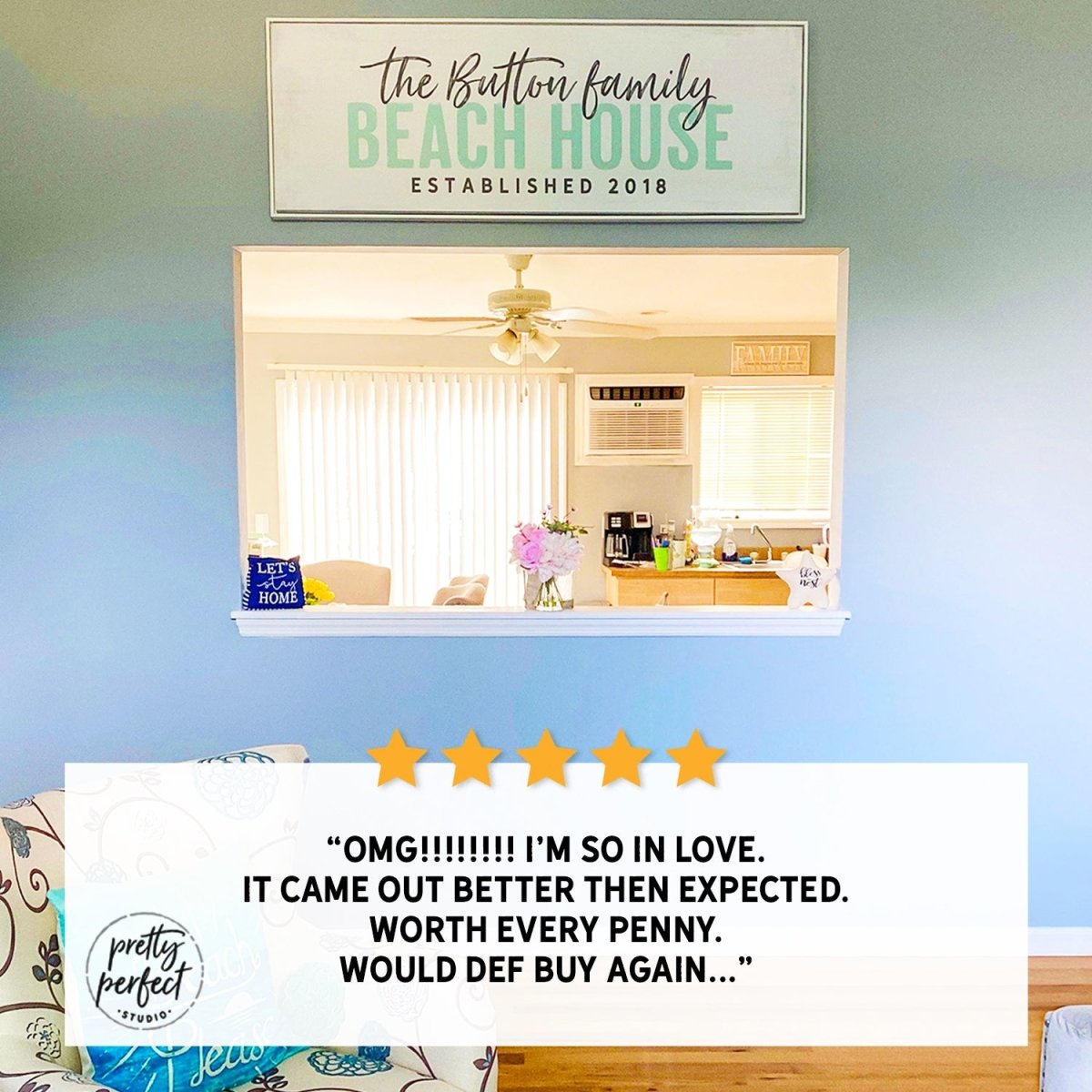 Personalized beach house sign displayed on the living room console table
