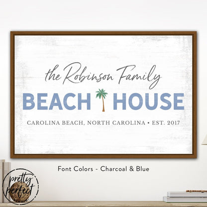 custom beach house sign with family name , personalized coastal wall decor with palm tree design, blue and charcoal beach home sign, custom seaside family name sign with location and date