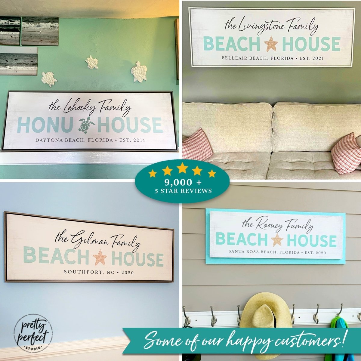 collage of personalized beach house signs with family names and coastal designs, custom beach home wall art in different styles and locations, seaside decor examples for vacation homes, customer showcase of beach house signs, multiple framed coastal name signs in real home settings