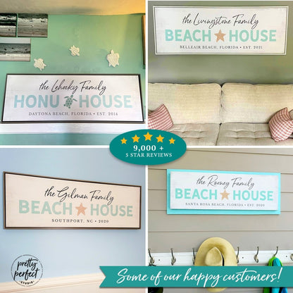collage of personalized beach house signs with family names and coastal designs, custom beach home wall art in different styles and locations, seaside decor examples for vacation homes, customer showcase of beach house signs, multiple framed coastal name signs in real home settings