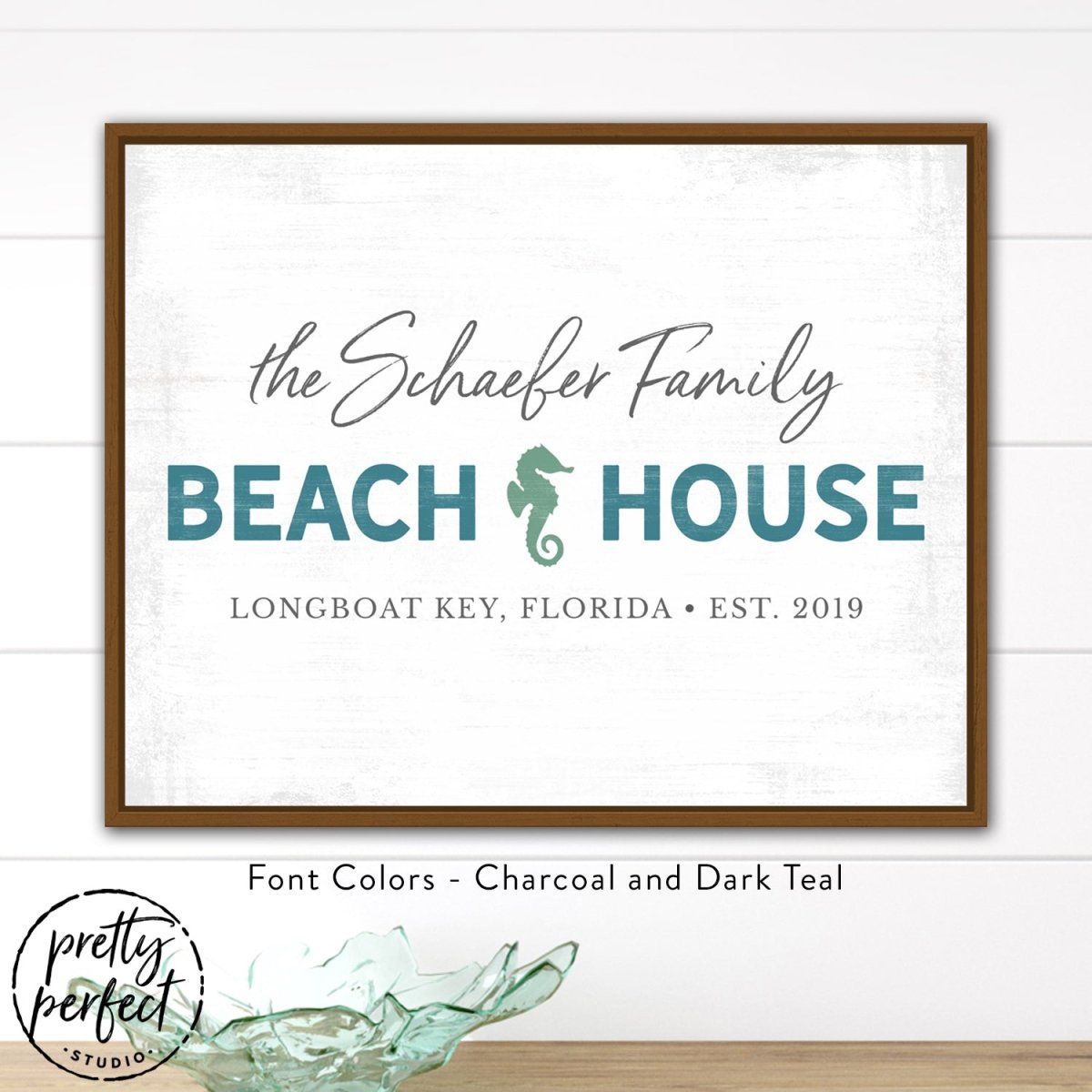 custom beach house sign with family name, personalized coastal wall decor with seahorse design, teal and charcoal beach house wall art, custom seaside family name sign with location and date