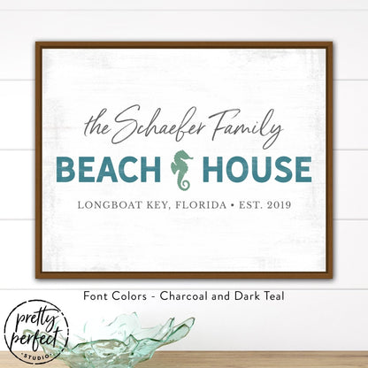 custom beach house sign with family name, personalized coastal wall decor with seahorse design, teal and charcoal beach house wall art, custom seaside family name sign with location and date