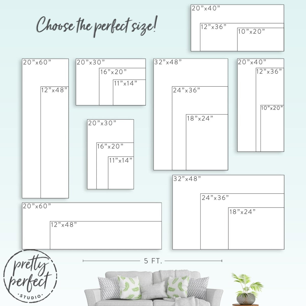 size comparison guide showing beach sign wall art in living room setting