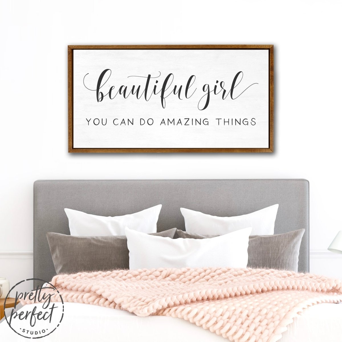 Beautiful Girl You Can Do Amazing Things Sign Hanging Above Bed in Bedroom - Pretty Perfect Studio