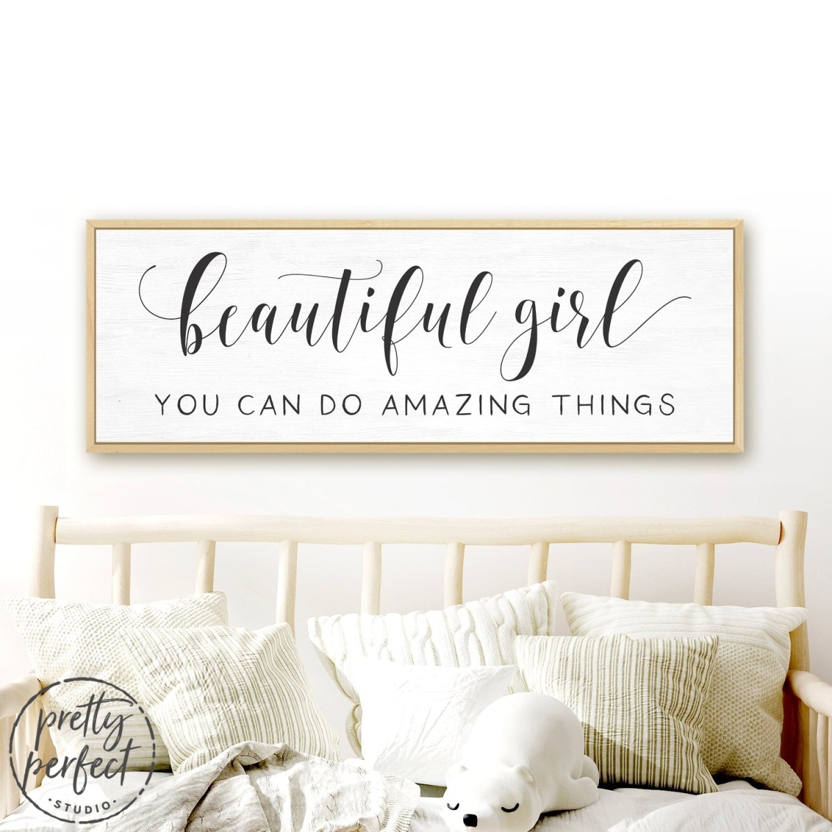 Beautiful Girl You Can Do Amazing Things Sign Hanging Above Bed in Children's Room - Pretty Perfect Studio