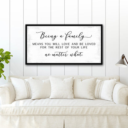 Being a Family Means Sign Above Couch in Living Room - Pretty Perfect Studio