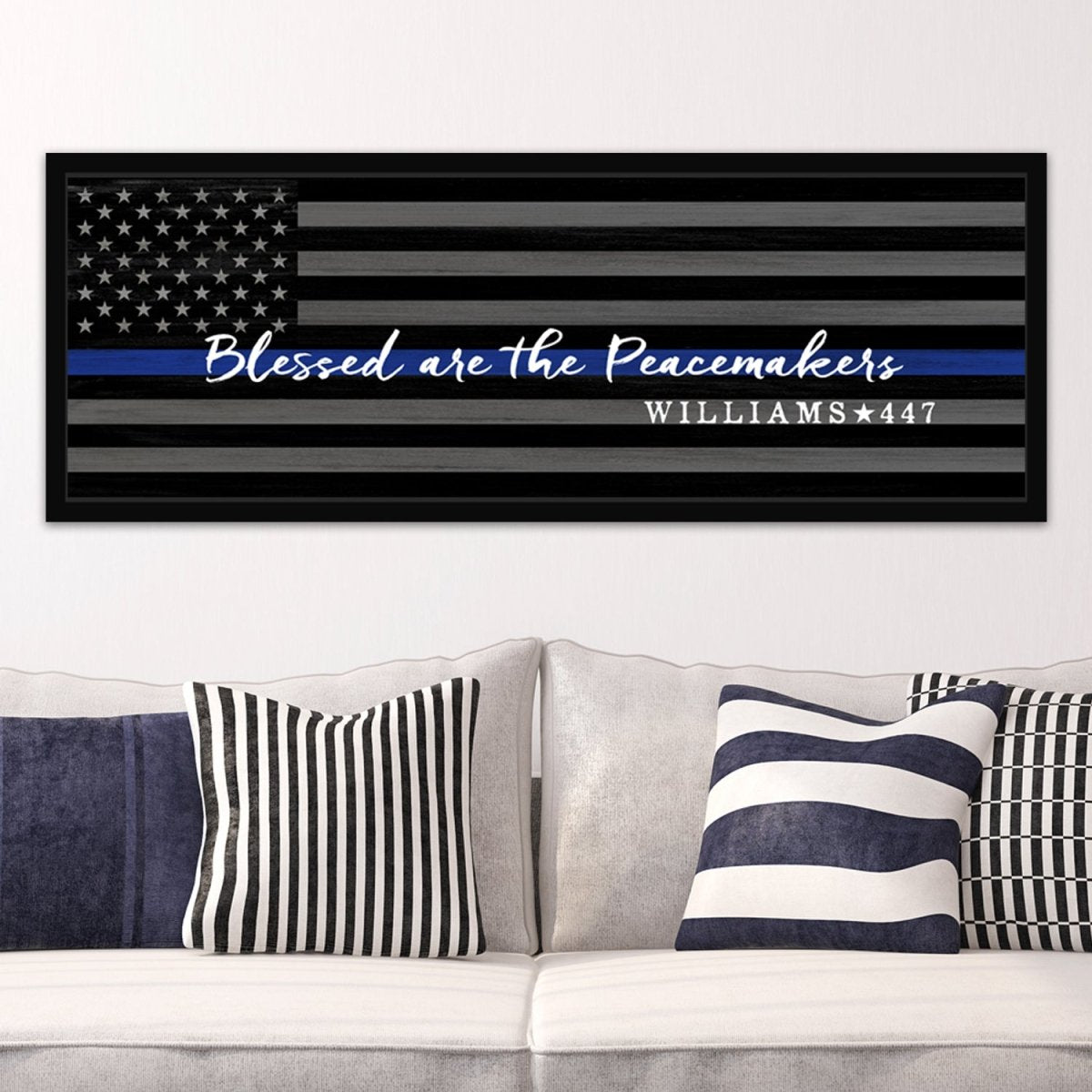 Blue Line Custom Police Officer Sign in Family Room Above Couch - Pretty Perfect Studio