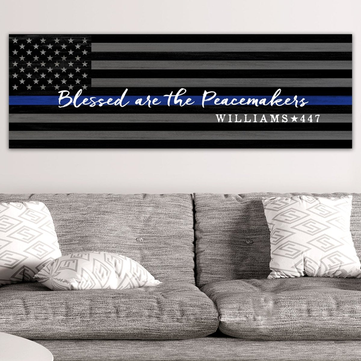 Blue Line Custom Police Officer Sign in Living Room - Pretty Perfect Studio