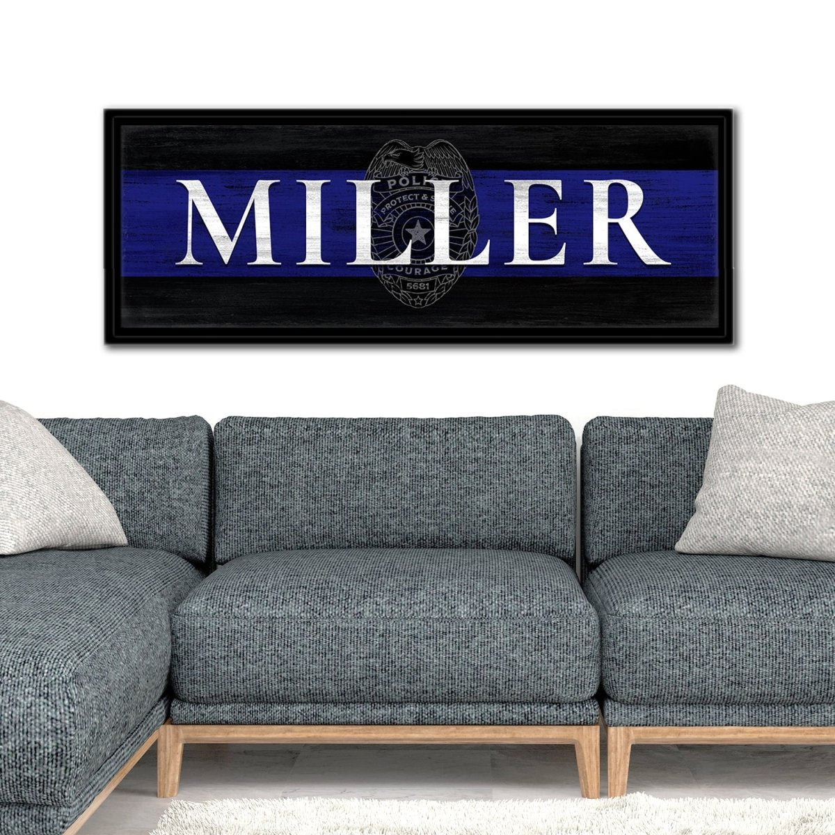Blue Line Police Officer Sign With Name Above Couch - Pretty Perfect Studio