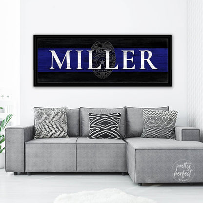 Blue Line Police Officer Sign With Name Above Couch in Living Room - Pretty Perfect Studio
