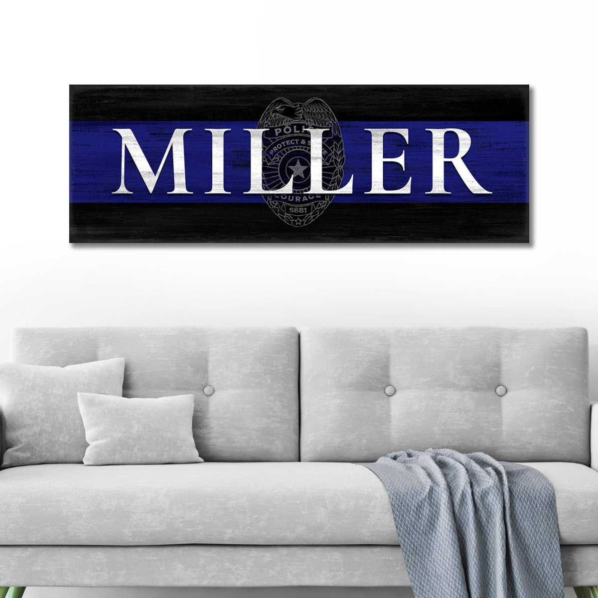 Blue Line Police Officer Sign With Name In Living Room - Pretty Perfect Studio