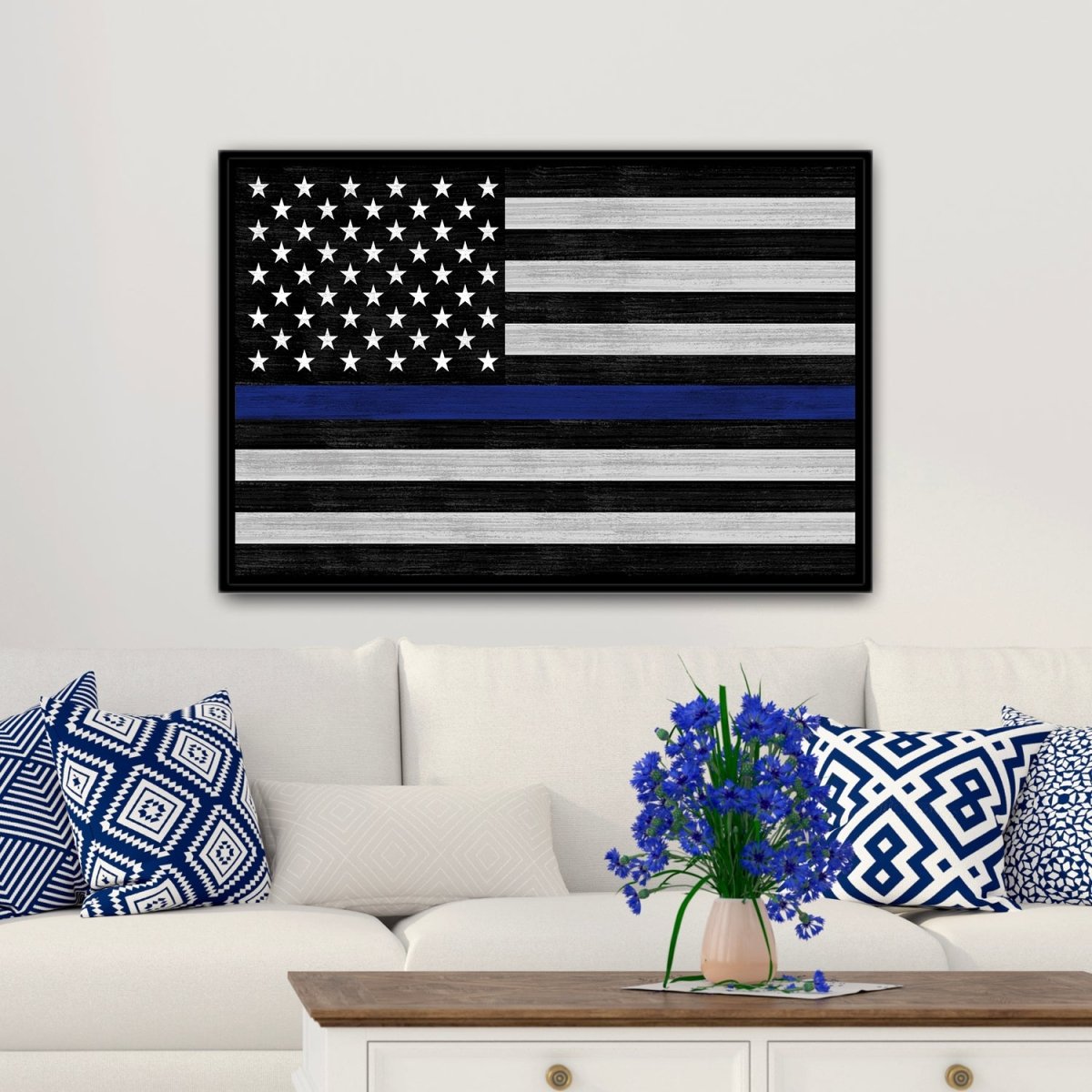 Blue Line Policer Officer Sign in Family Room Above Couch - Pretty Perfect Studio