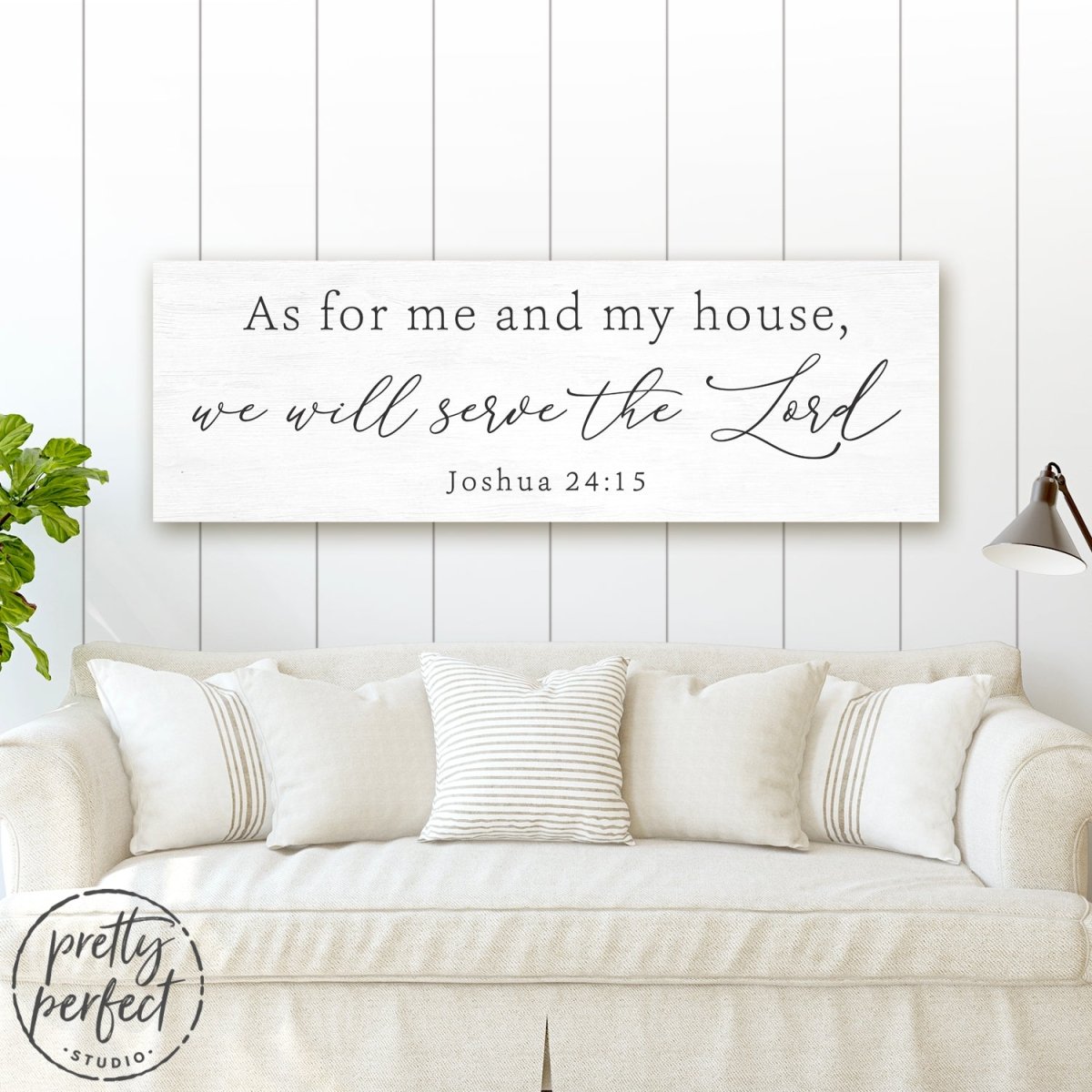 But As For Me And My House, We Will Serve The Lord Sign Above Couch in Family Room - Pretty Perfect Studio