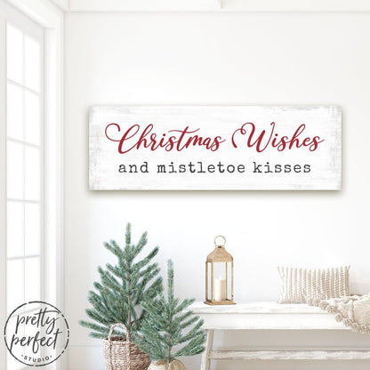 Christmas Wishes and Mistletoe Kisses Sign Above Bench in Family Room - Pretty Perfect Studio