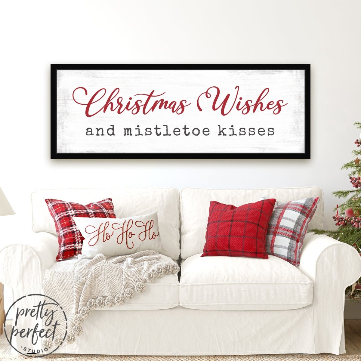 Christmas Wishes and Mistletoe Kisses Sign Above Bed - Pretty Perfect Studio