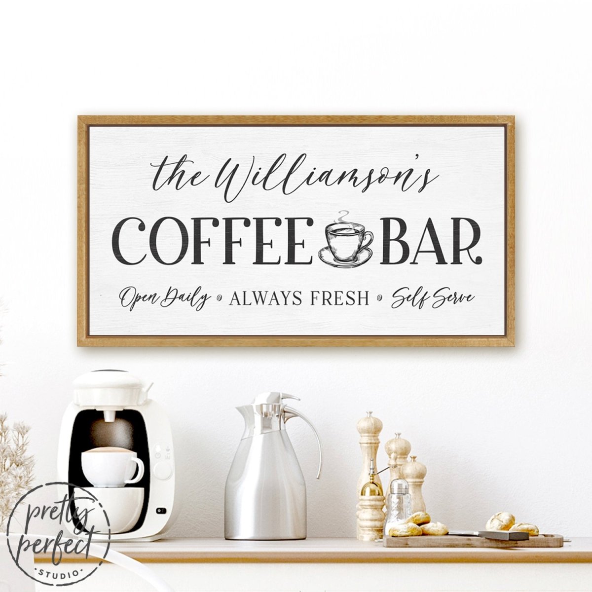 Coffee Shop Custom Sign On Wall Above Coffee Bar - Pretty Perfect Studio