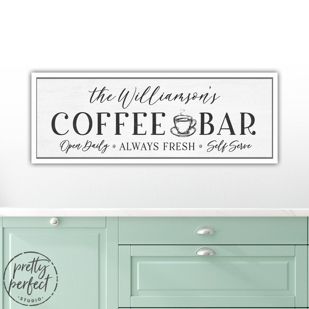 Coffee Shop Custom Sign on Wall Above Kitchen Table - Pretty Perfect Studio