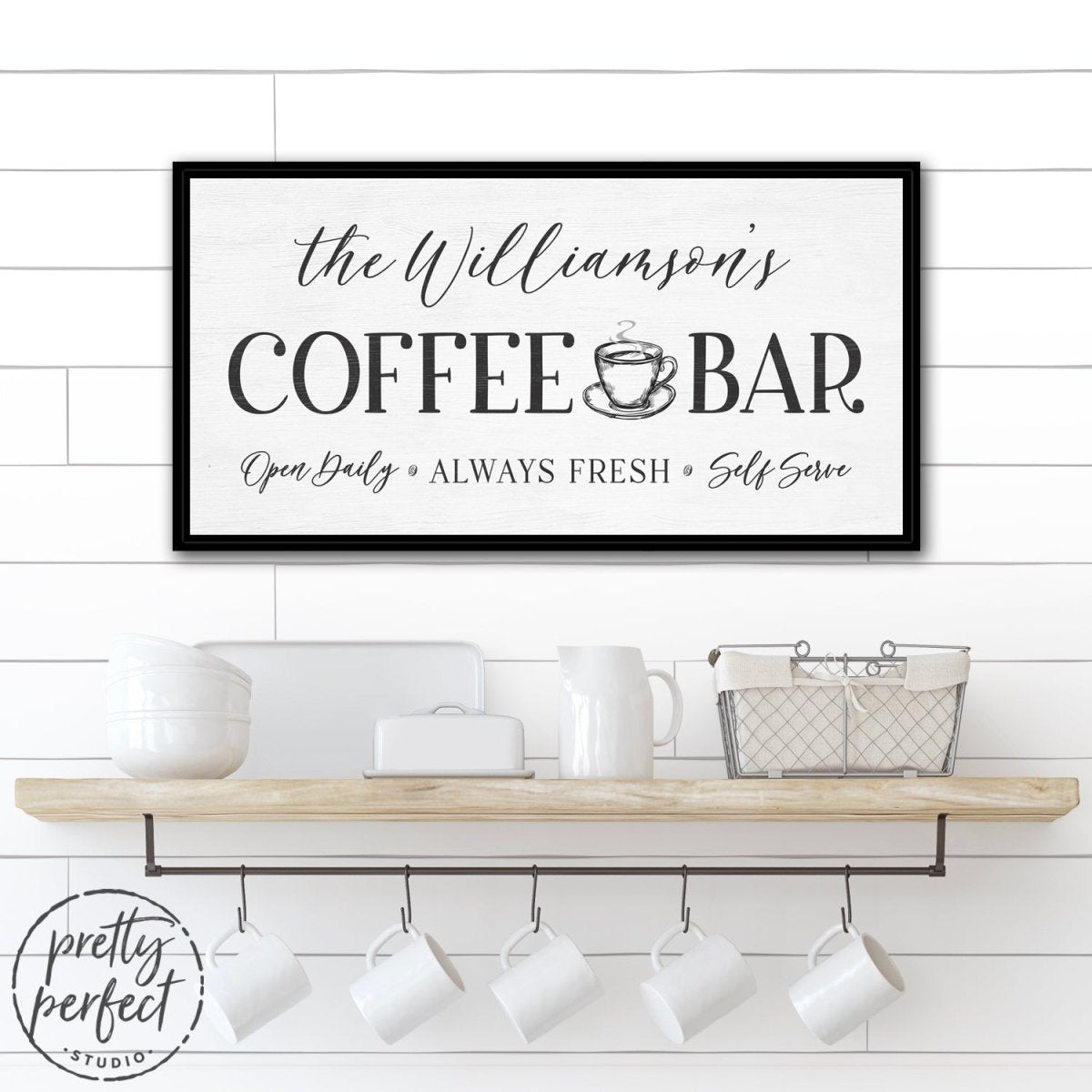 Coffee Shop Custom Sign on Wall Above Shelf in Kitchen - Pretty Perfect Studio