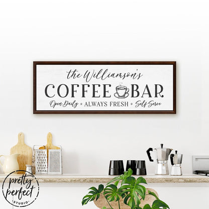 Coffee Shop Custom Sign on Wall Above Coffee Pot, Toaster, and Cutting Bar - Pretty Perfect Studio