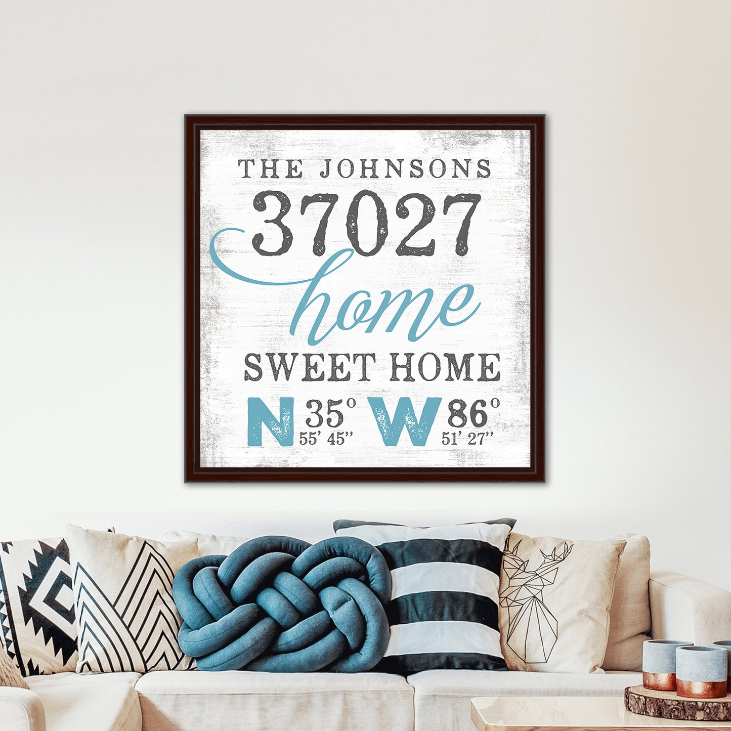 Custom Name Sign With Zip Code & Location Above Couch - Pretty Perfect Studio