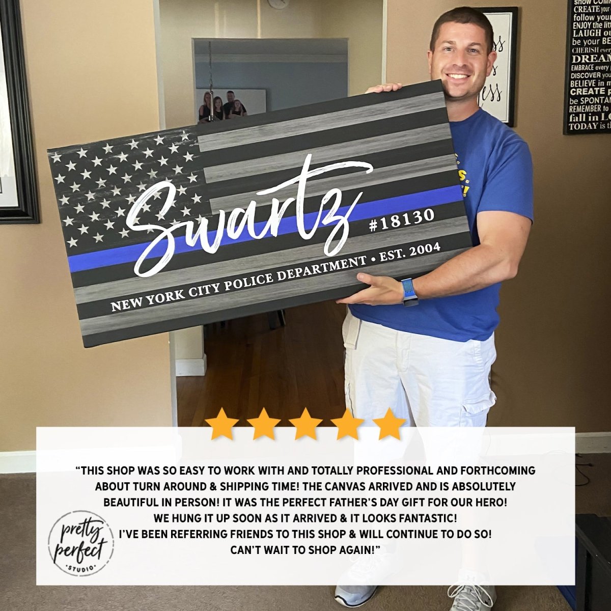 Customer product review for personalized blue line police officer name sign by Pretty Perfect Studio