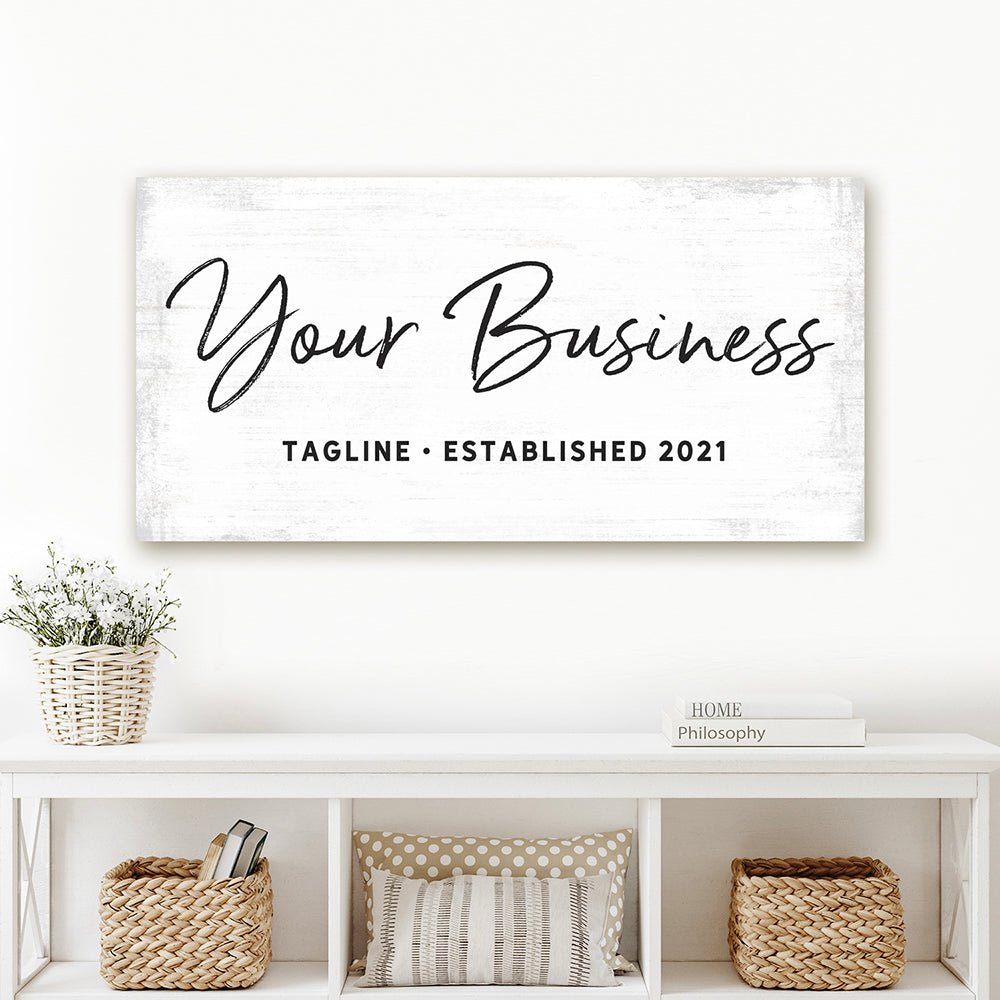 Custom Business Sign With Tagline and Date Above Shelf - Pretty Perfect Studio
