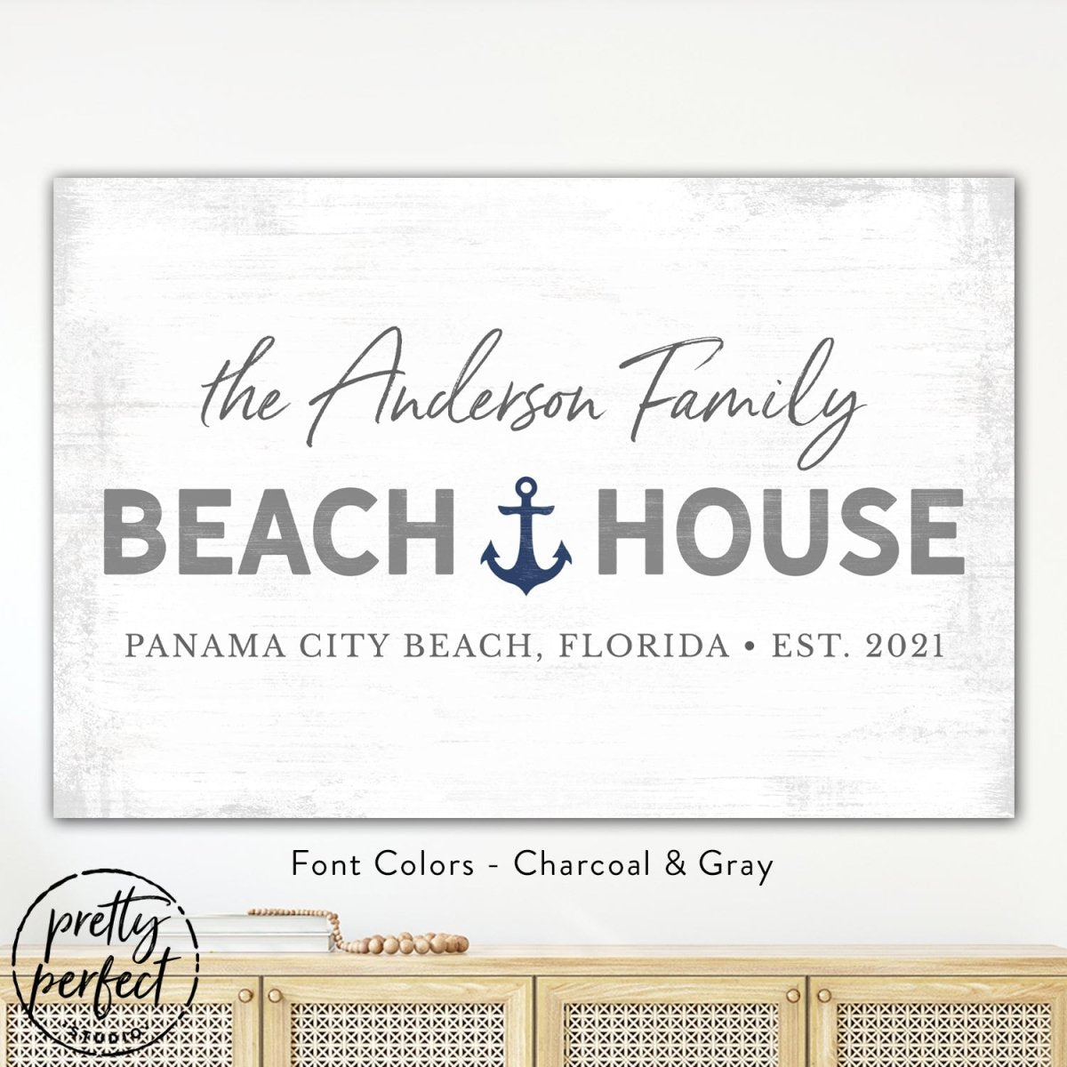personalized beach house sign with family name, custom coastal wall decor with anchor design, charcoal and gray beach house wall art, custom seaside family name sign with location and date