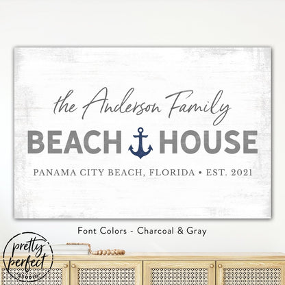 personalized beach house sign with family name, custom coastal wall decor with anchor design, charcoal and gray beach house wall art, custom seaside family name sign with location and date