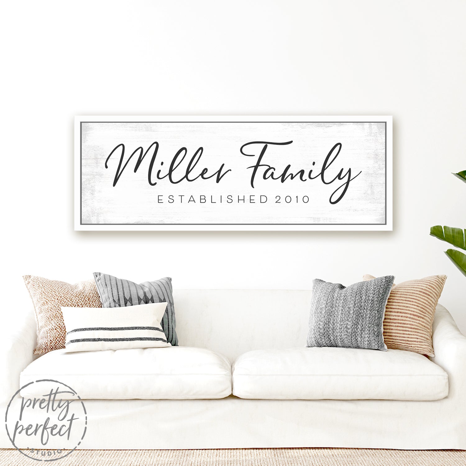 Custom Family Name Sign with Established Date Above Couch - Pretty Perfect Studio