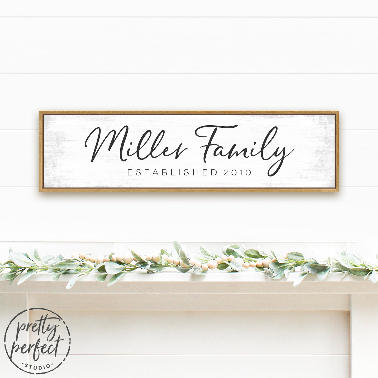 Custom Family Name Sign with Established Date Above Shelf in Living Room - Pretty Perfect Studio