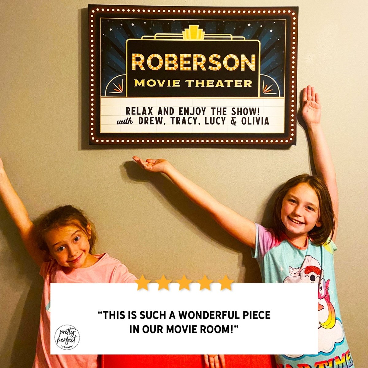 Customer product review for Custom Home Movie Theater Sign by Pretty Perfect Studio