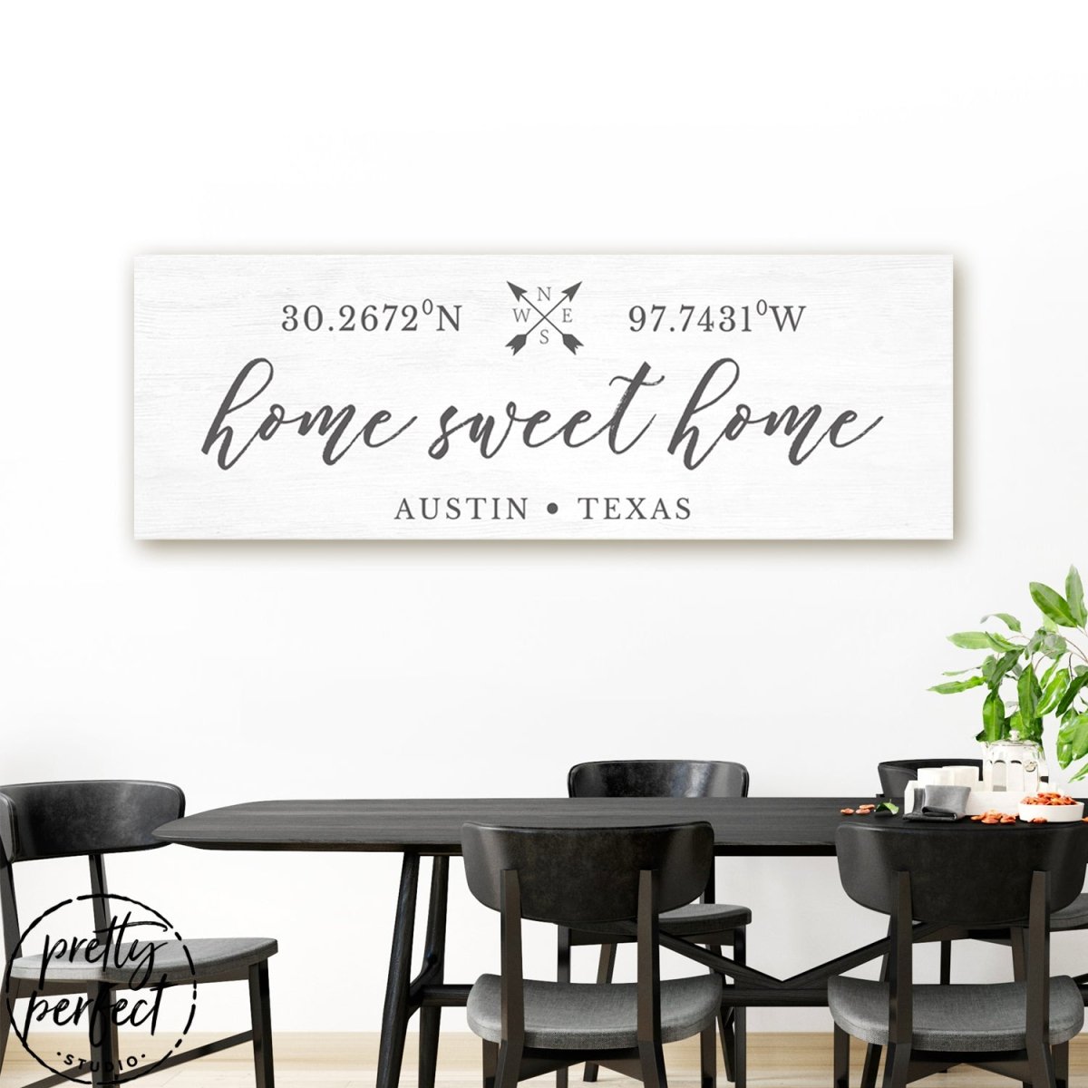 Personalized 'Home Sweet Home' wall art featuring coordinates for Austin, Texas. Stylish light background design, perfect for home décor and housewarming gifts.